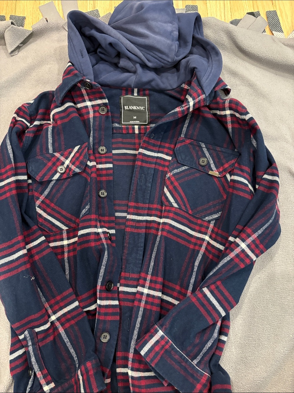 Blank NYC Navy and Red Plaid Hooded Flannel Shirt Jacket